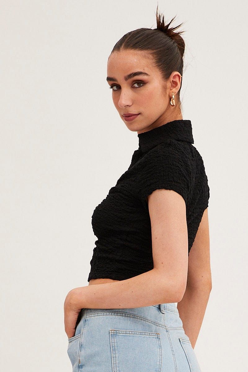 Black Crop Top Short Sleeve Collared Button Up Textured sold by Ally Fashion product image thumbnail 5