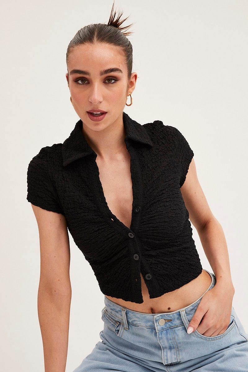 Black Crop Top Short Sleeve Collared Button Up Textured sold by Ally Fashion product image thumbnail 3