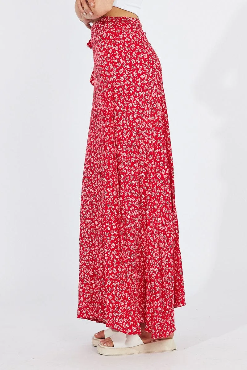 Red Floral Maxi Skirt High Rise Wrap sold by Ally Fashion product image thumbnail 4