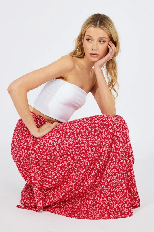 Red Floral Maxi Skirt High Rise Wrap sold by Ally Fashion