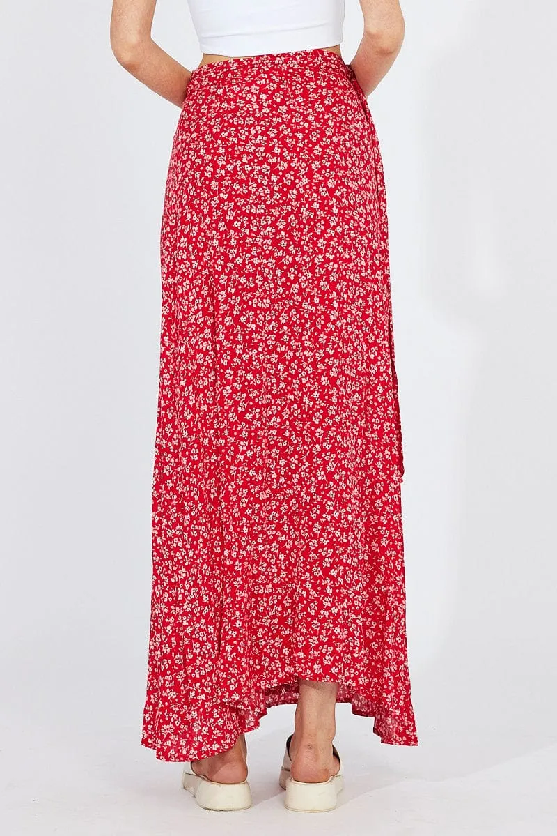 Red Floral Maxi Skirt High Rise Wrap sold by Ally Fashion product image thumbnail 5