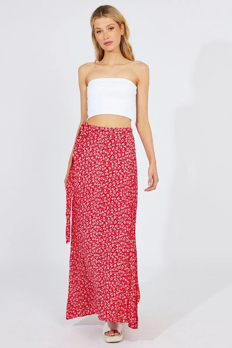 Red Floral Maxi Skirt High Rise Wrap sold by Ally Fashion product image thumbnail 2