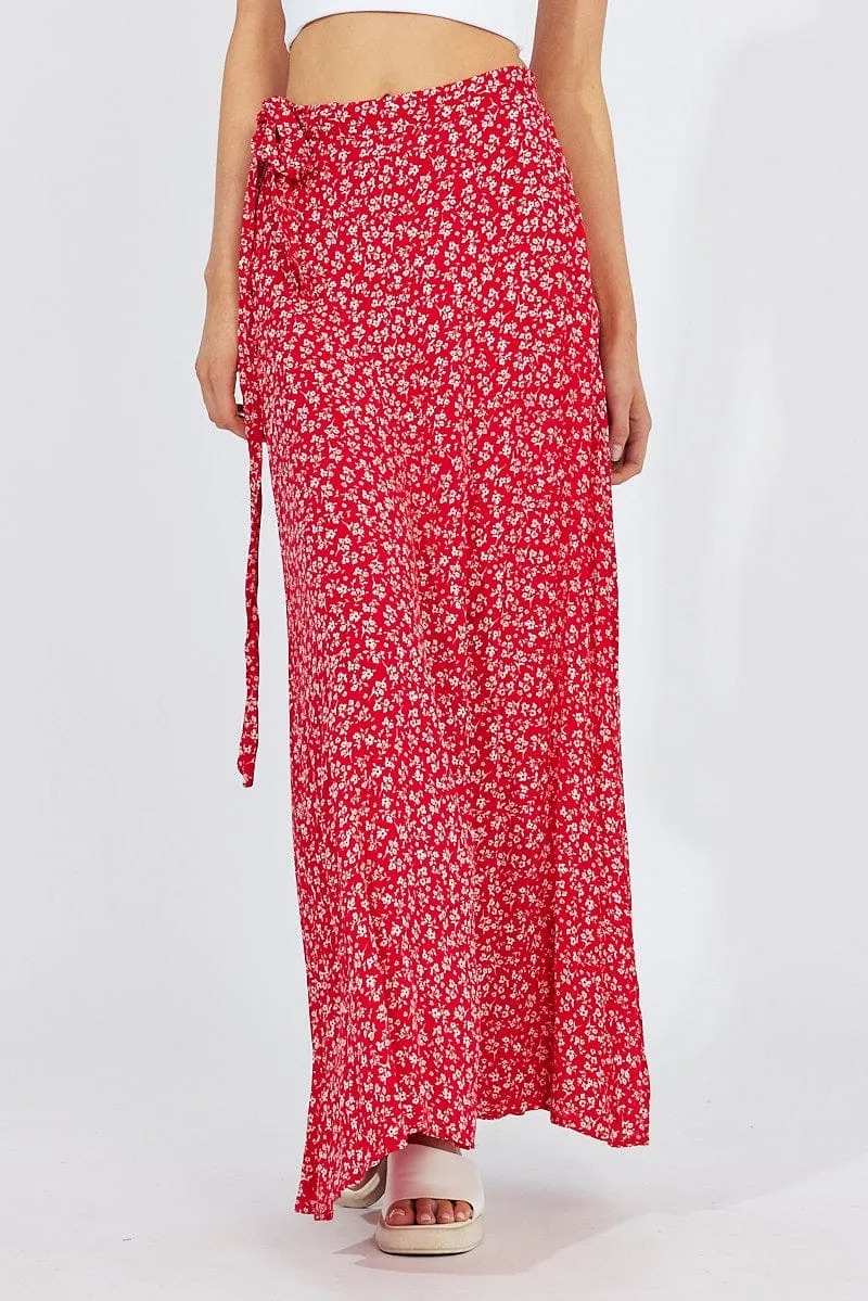 Red Floral Maxi Skirt High Rise Wrap sold by Ally Fashion product image thumbnail 3