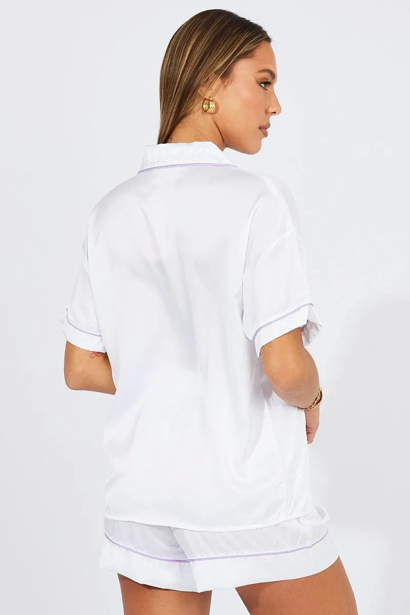 White Pyjama Set Satin Short Sleeve Contrast Piping PJ sold by Ally Fashion product image thumbnail 3