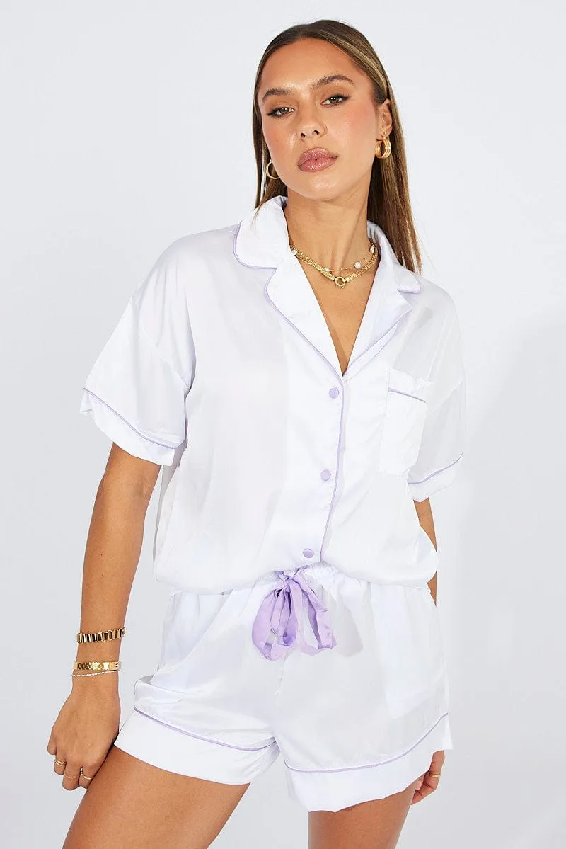 White Pyjama Set Satin Short Sleeve Contrast Piping PJ sold by Ally Fashion product image thumbnail 5