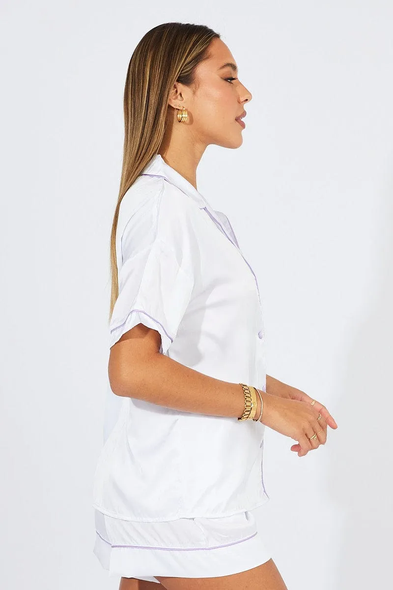 White Pyjama Set Satin Short Sleeve Contrast Piping PJ sold by Ally Fashion product image thumbnail 2