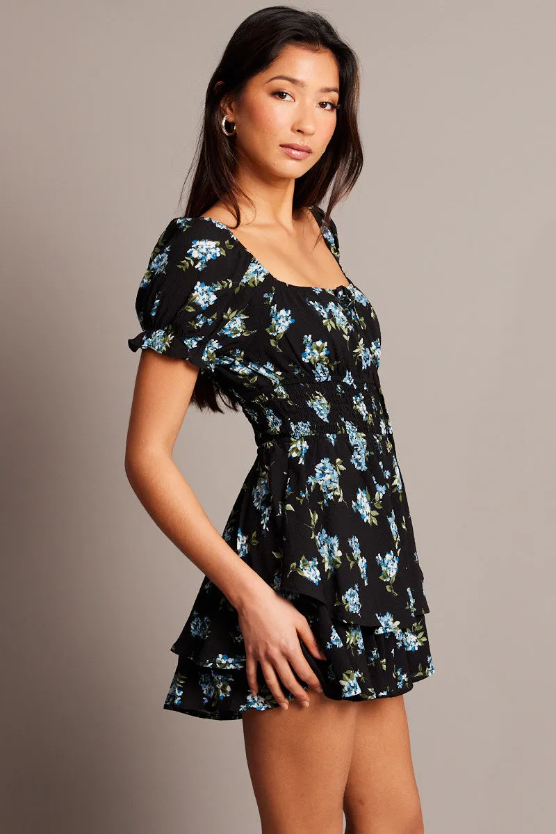Black Floral Ruffle Playsuit Short Sleeve Ruched Bust sold by Ally Fashion product image thumbnail 4