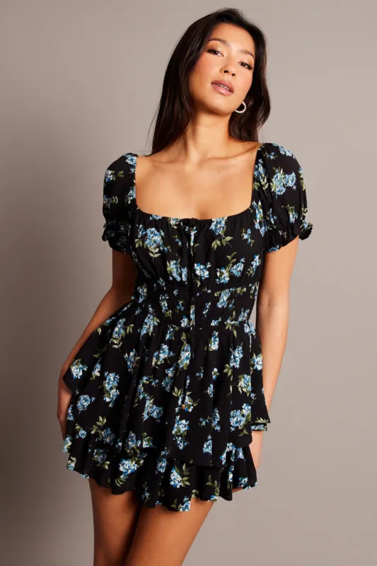 Black Floral Ruffle Playsuit Short Sleeve Ruched Bust sold by Ally Fashion
