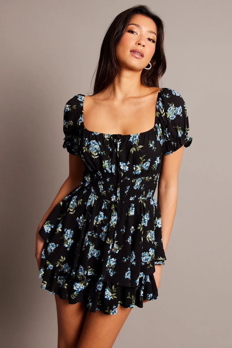 Black Floral Ruffle Playsuit Short Sleeve Ruched Bust sold by Ally Fashion