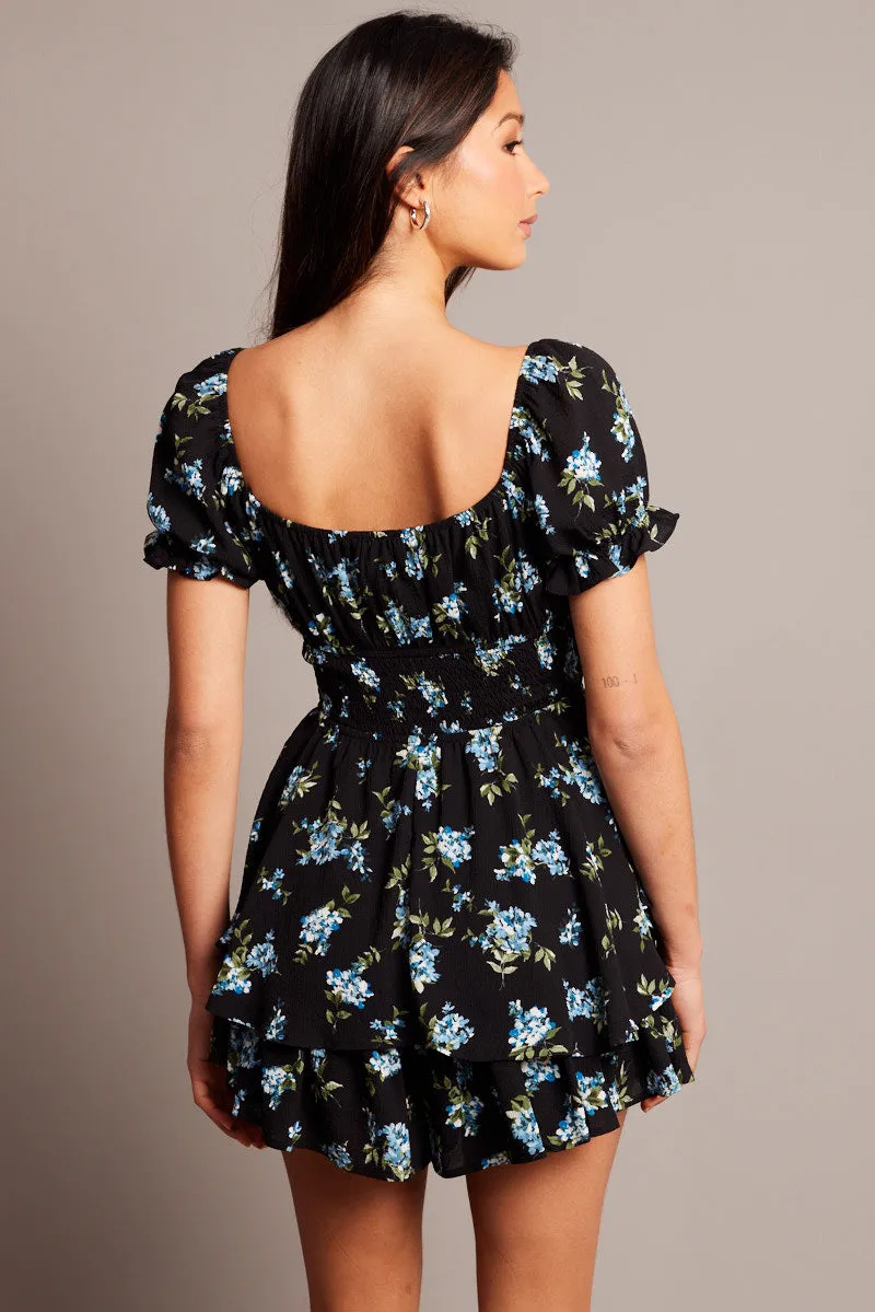 Black Floral Ruffle Playsuit Short Sleeve Ruched Bust sold by Ally Fashion product image thumbnail 5