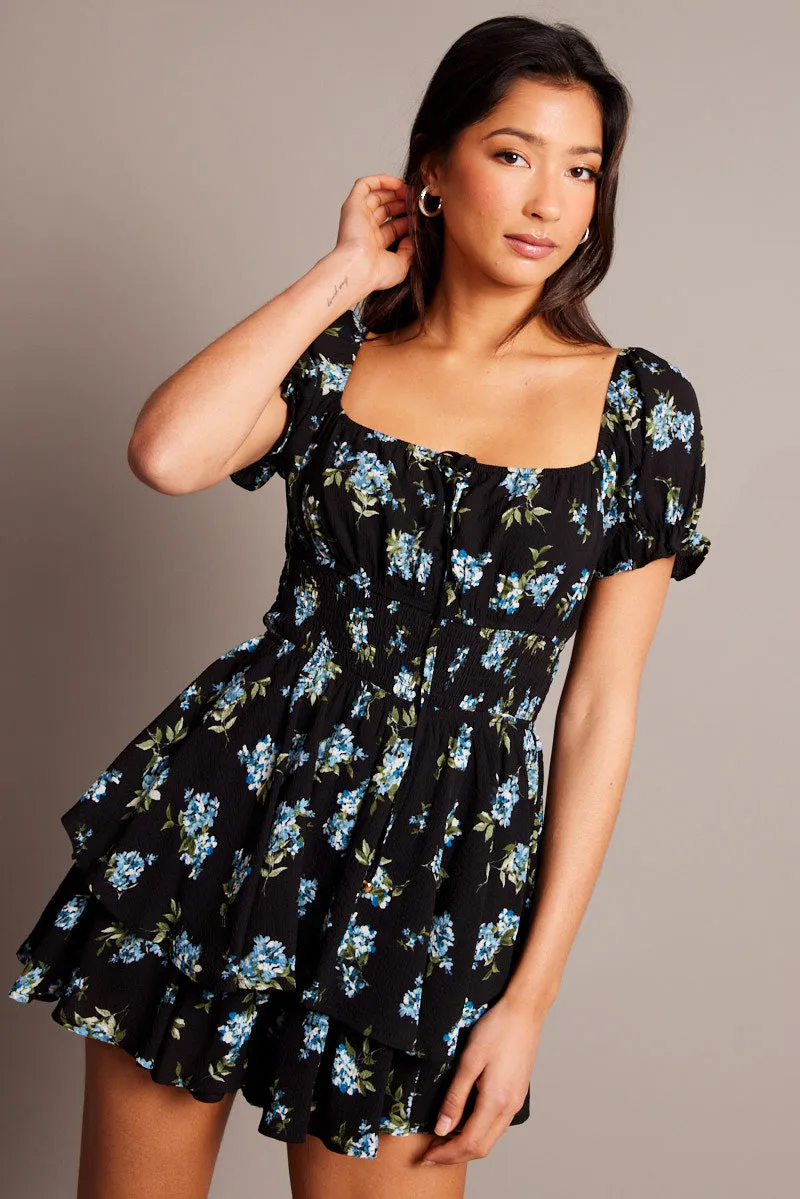 Black Floral Ruffle Playsuit Short Sleeve Ruched Bust sold by Ally Fashion product image thumbnail 3