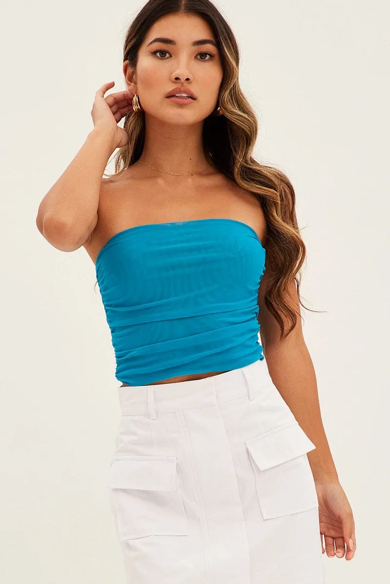 Blue Mesh Bandeau Strapless Ruched Crop sold by Ally Fashion product image thumbnail 3