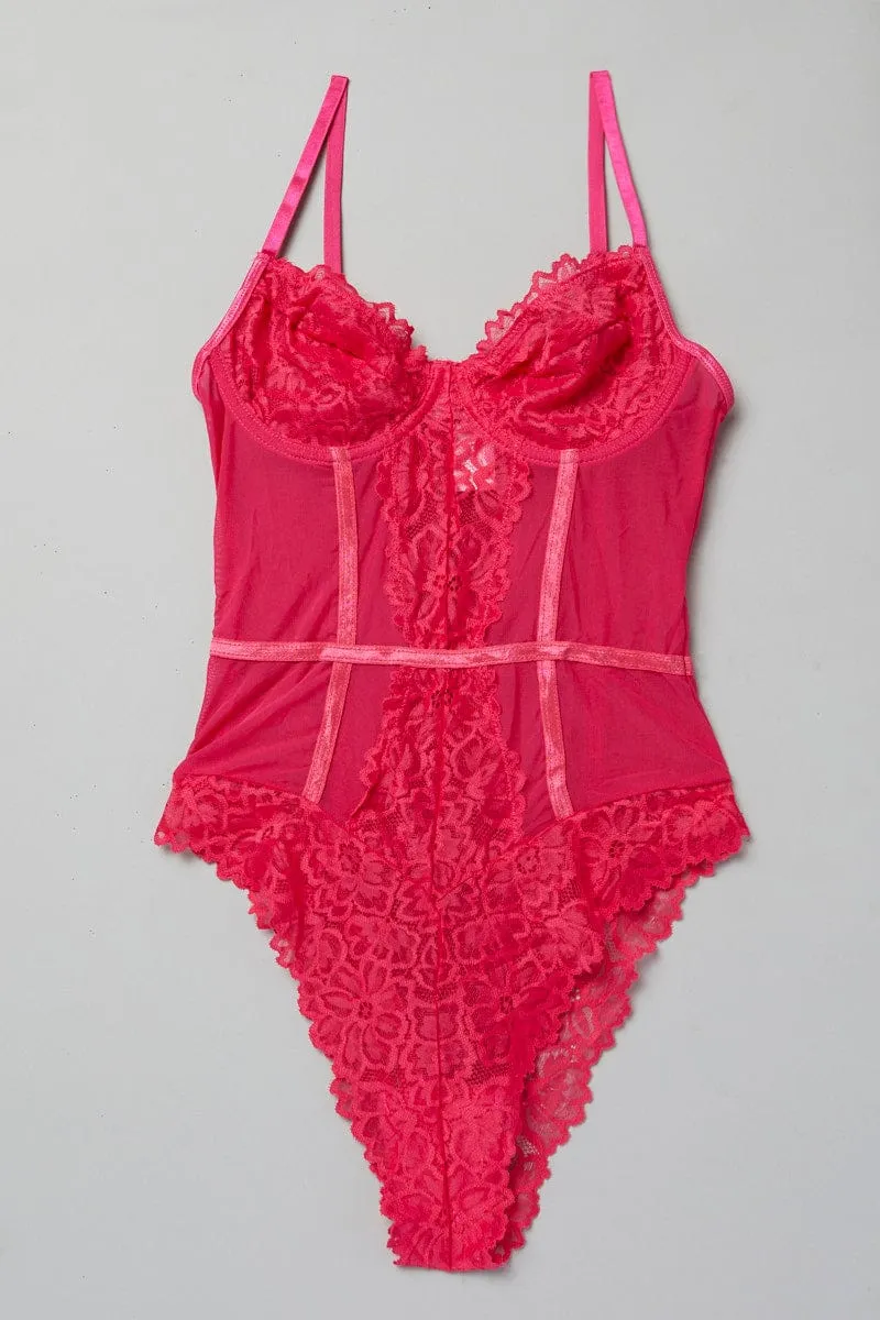Pink Lace One Piece Bodysuit sold by Ally Fashion