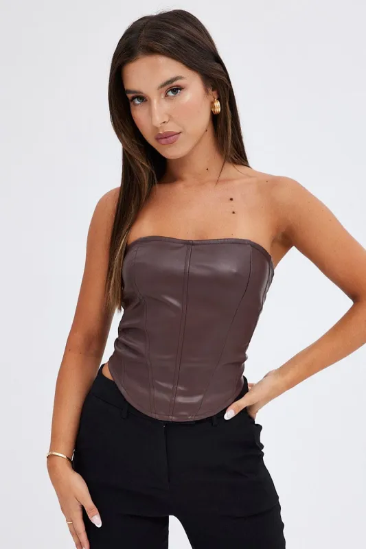 Brown Corset Sleeveless Strapless Longline Faux Leather sold by Ally Fashion