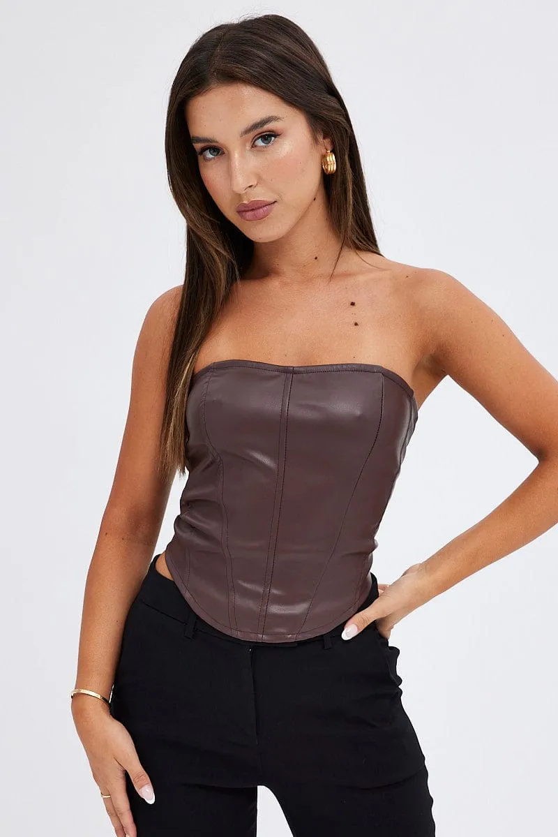 Brown Corset Sleeveless Strapless Longline Faux Leather sold by Ally Fashion