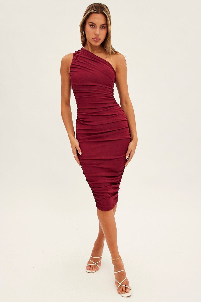 Pink One Shoulder Slinky Jersey Ruched Bodycon Dress sold by Ally Fashion