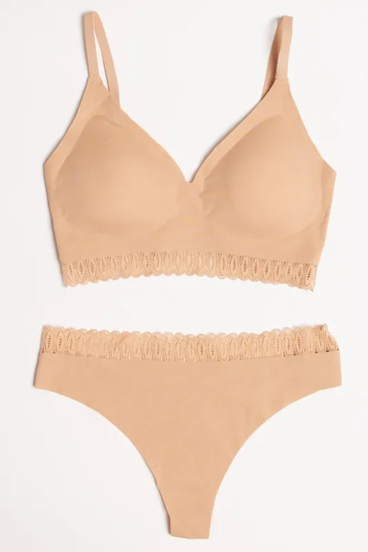 Beige Lace Trim Bralette and Knickers Lingerie Set sold by Ally Fashion