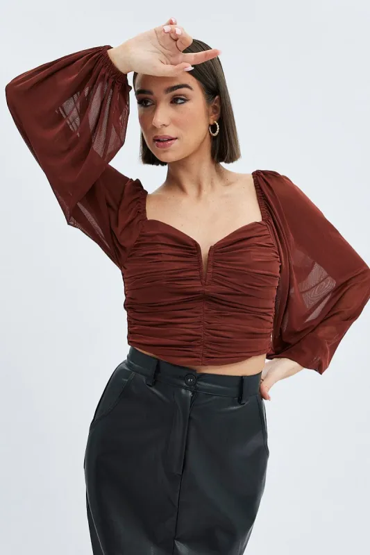 Brown Top Crop Long Sleeve Ruched Mesh sold by Ally Fashion