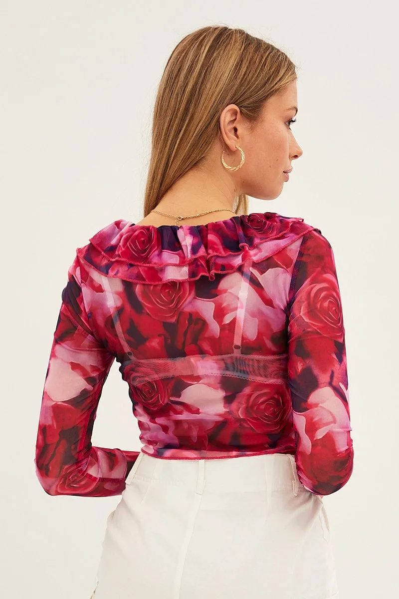 Pink Print Mesh Long Sleeve Crop Top sold by Ally Fashion product image thumbnail 5