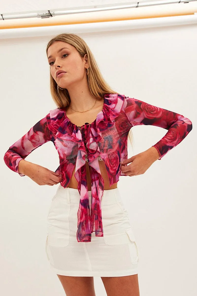 Pink Print Mesh Long Sleeve Crop Top sold by Ally Fashion product image thumbnail 3