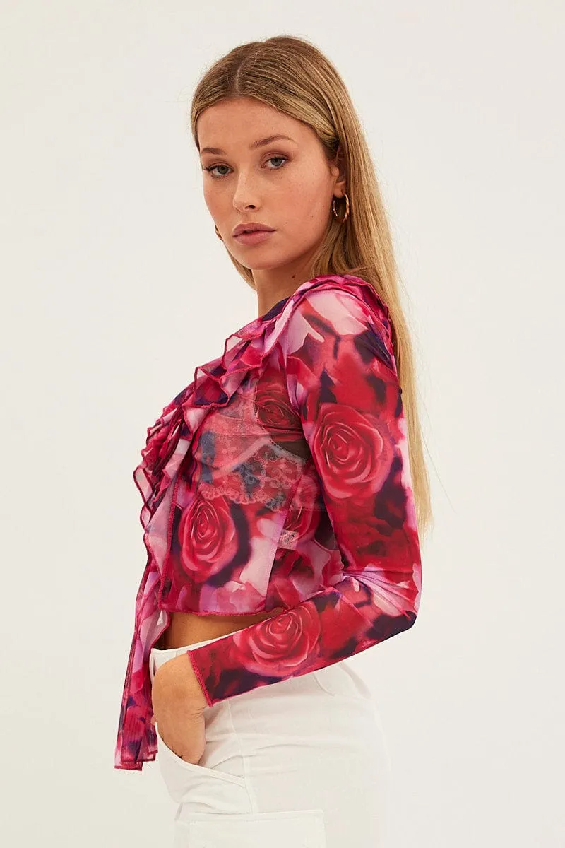 Pink Print Mesh Long Sleeve Crop Top sold by Ally Fashion product image thumbnail 4