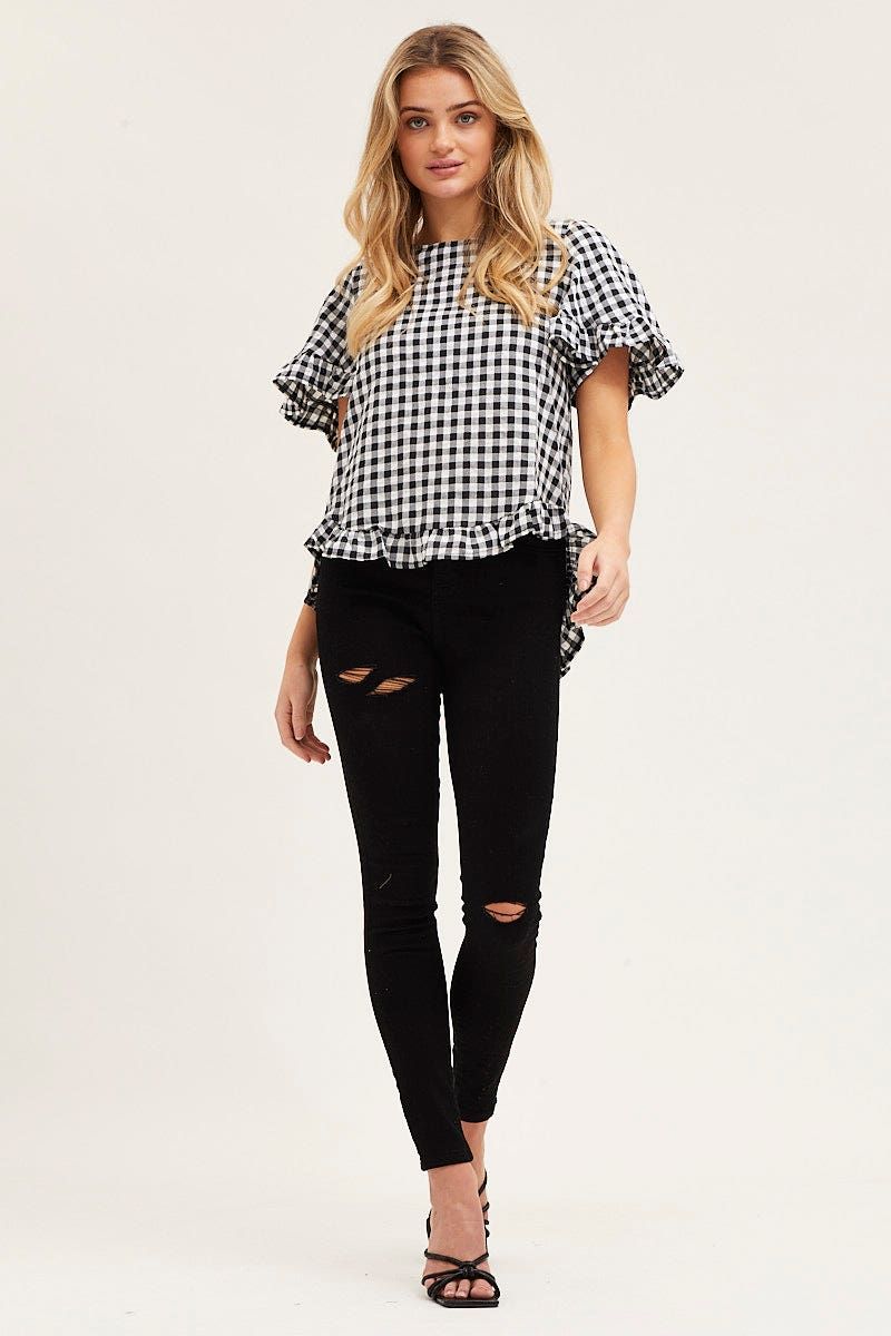 Check 3/4 Sleeve Frilled High-Low Top sold by Ally Fashion product image thumbnail 2