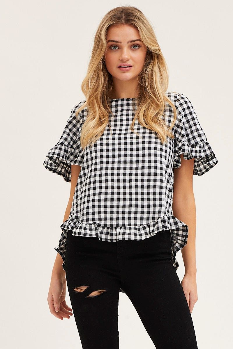 Check 3/4 Sleeve Frilled High-Low Top sold by Ally Fashion product image thumbnail 3