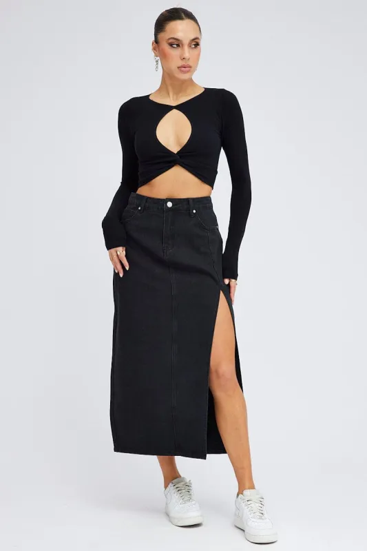 Black Maxi Skirt Mid Rise Denim Pencil Slit sold by Ally Fashion