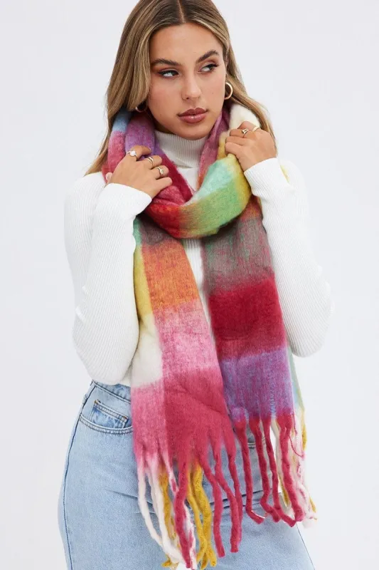 Multi Check Chunky Fluffy Tassel Scarf sold by Ally Fashion