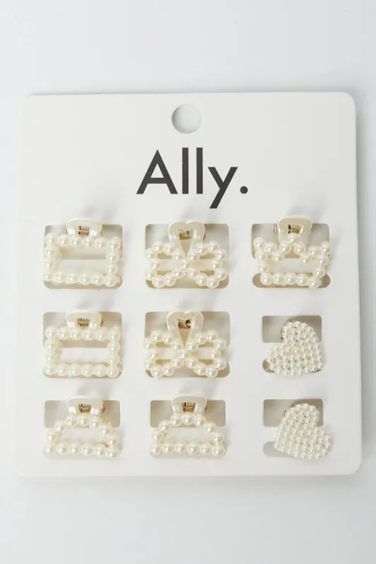 White 9 Pack Mix & Match Pearl Claw Clips sold by Ally Fashion