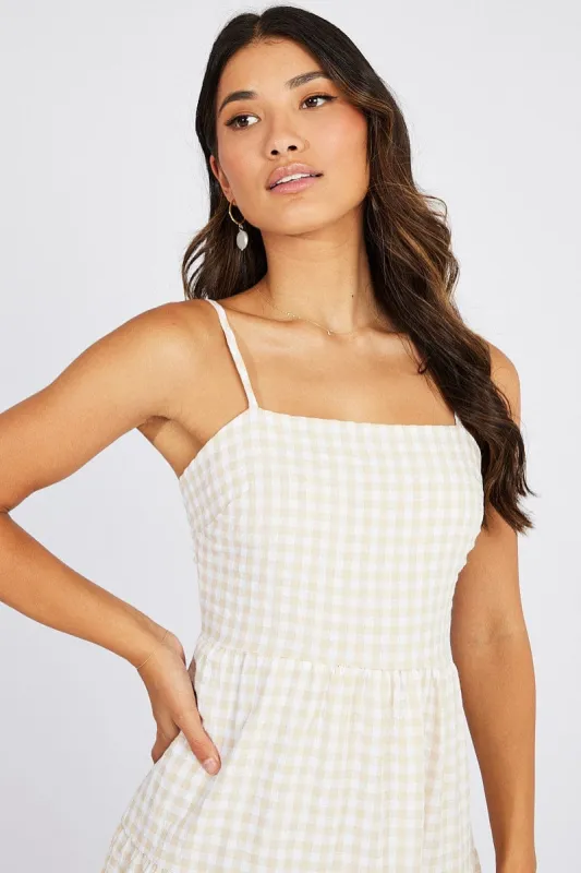 Beige Check Midi Dress Sleeveless Tie Back sold by Ally Fashion