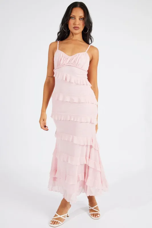 Pink Maxi Dress Sleeveless Sweetheart Frill Mesh sold by Ally Fashion