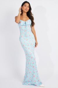 Blue Floral Ruched Bust Bodycon Maxi Dress sold by Ally Fashion