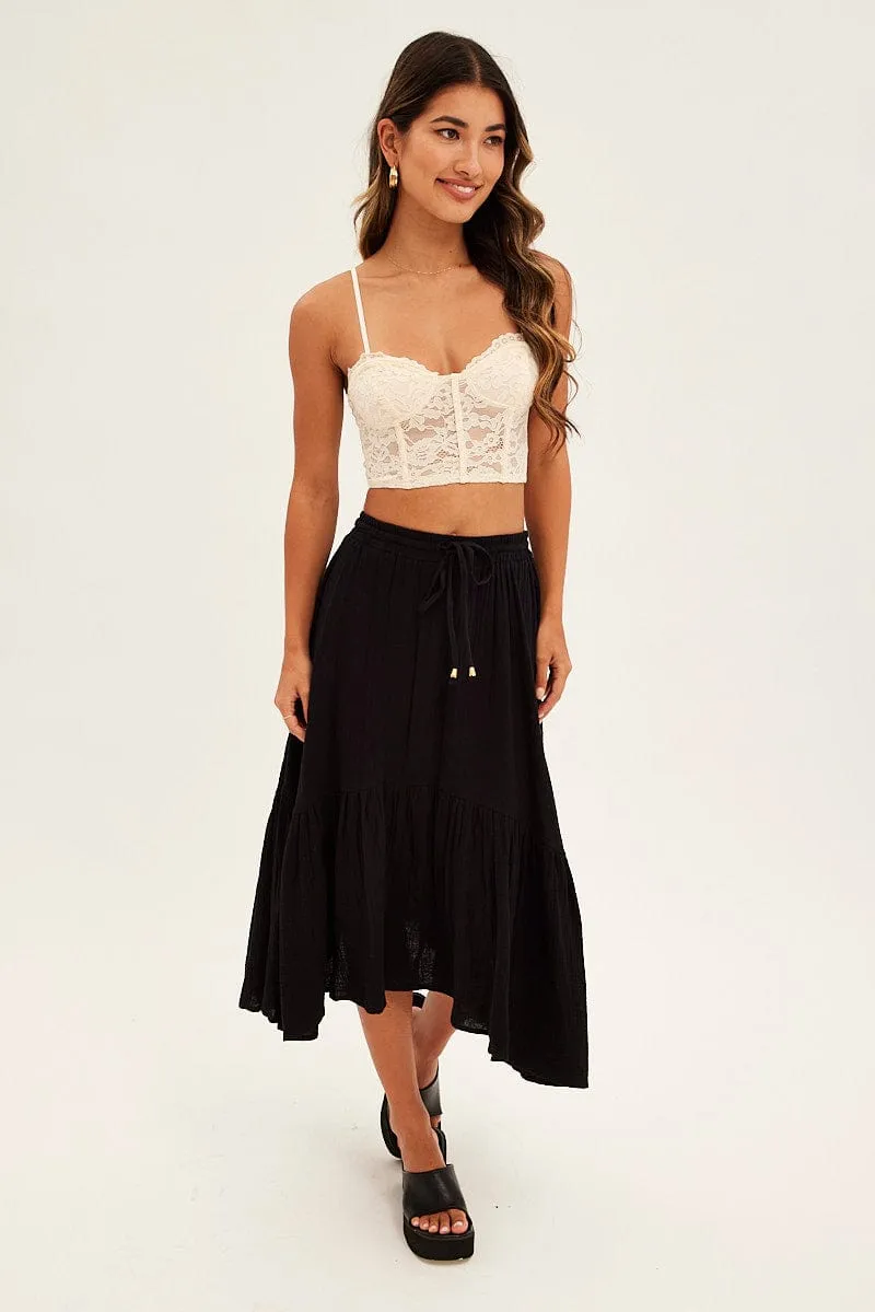 Black Asymmetrical Hem Tie Waist Midi Skirt sold by Ally Fashion