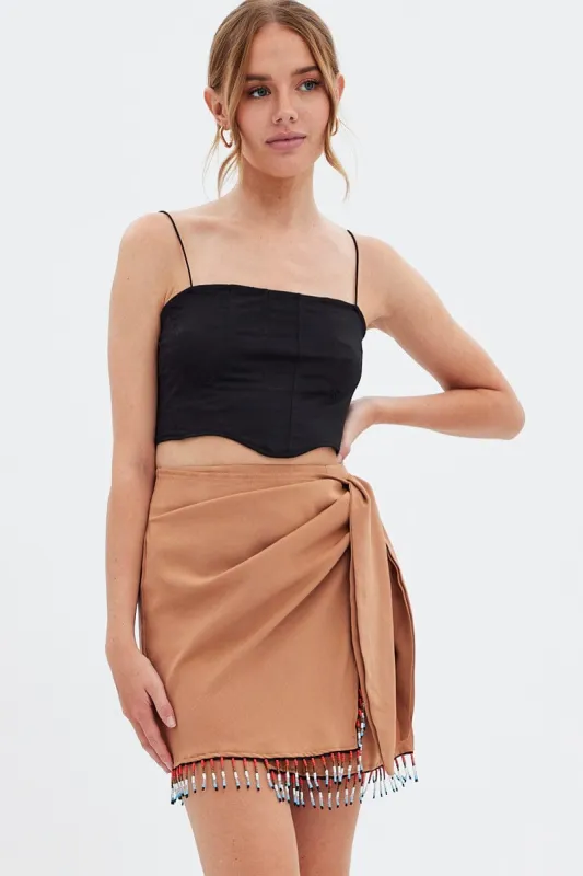 Beige Abstract Wrap Skirt Mini Tassels sold by Ally Fashion