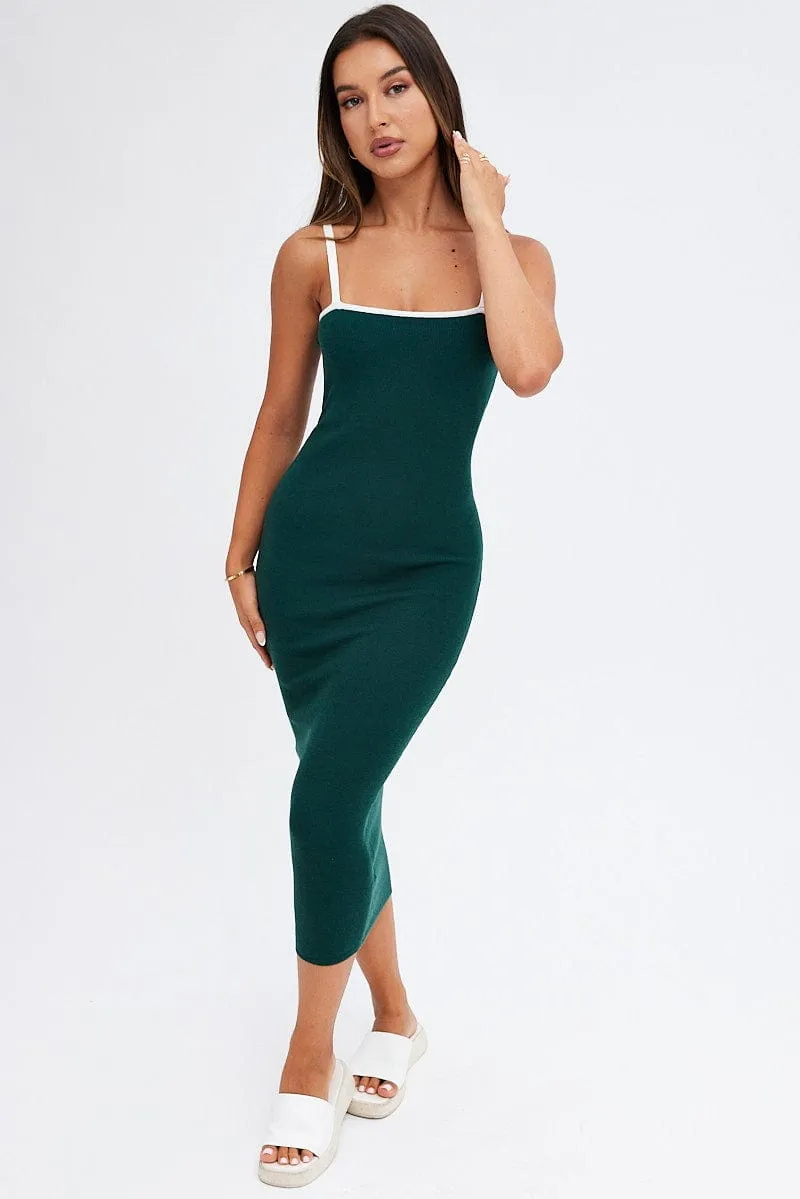 Green Knit Dress Sleeveless Midi Contrast Bind sold by Ally Fashion
