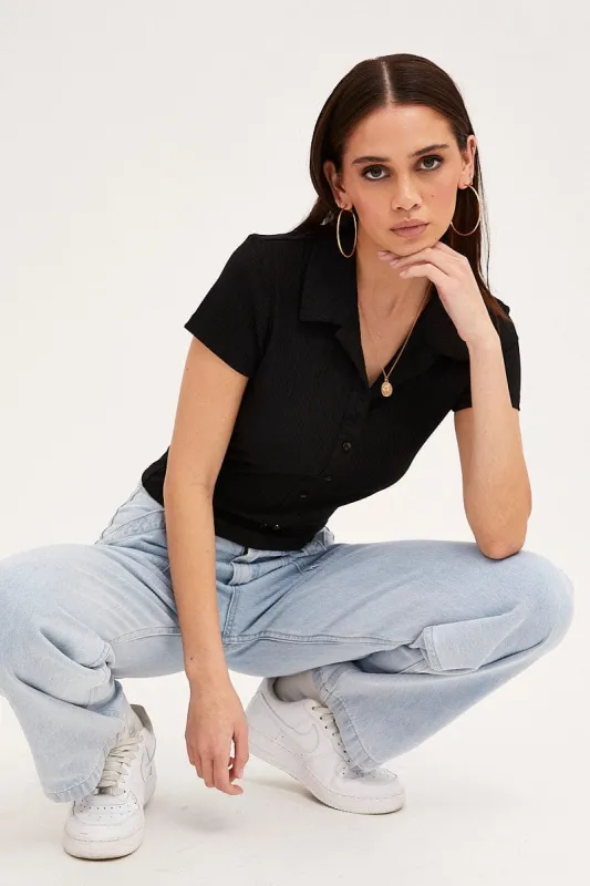 Black Collared Top Short Sleeve Button Up Rib Jersey sold by Ally Fashion