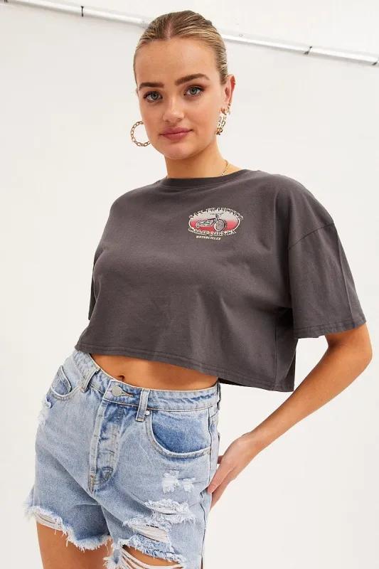 Grey Graphic Tee Short Sleeve Round Neck Cotton sold by Ally Fashion