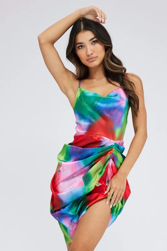 Multi Print Mini Dress Ruched Ombre Cowl Neck Satin sold by Ally Fashion