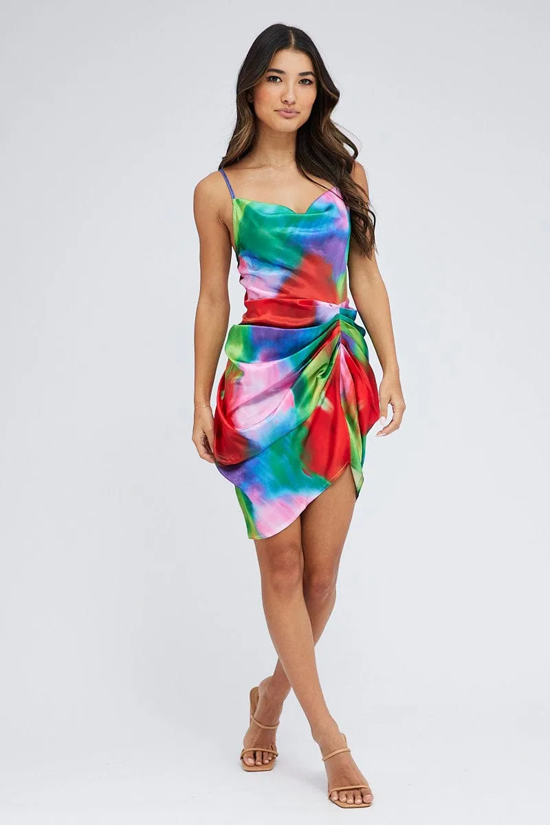 Multi Print Mini Dress Ruched Ombre Cowl Neck Satin sold by Ally Fashion product image thumbnail 2