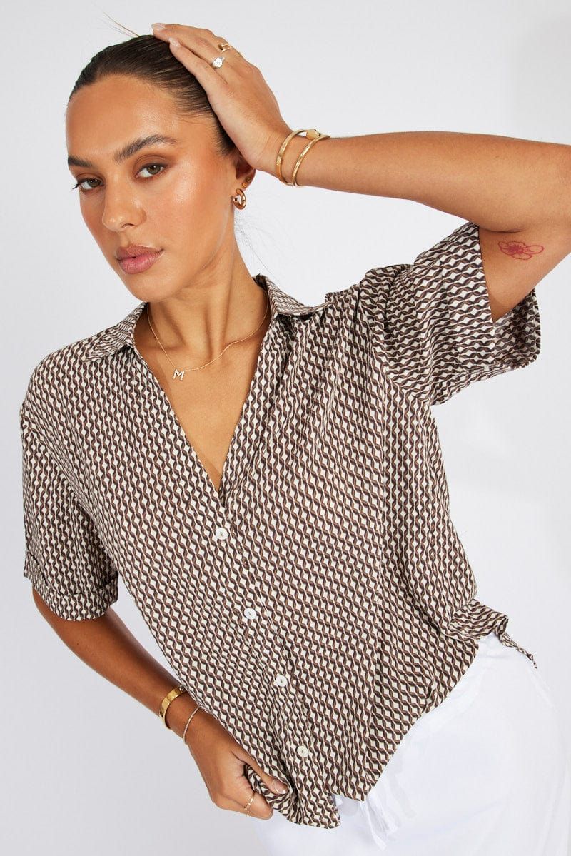 Brown Geo Shirt Short Sleeve sold by Ally Fashion