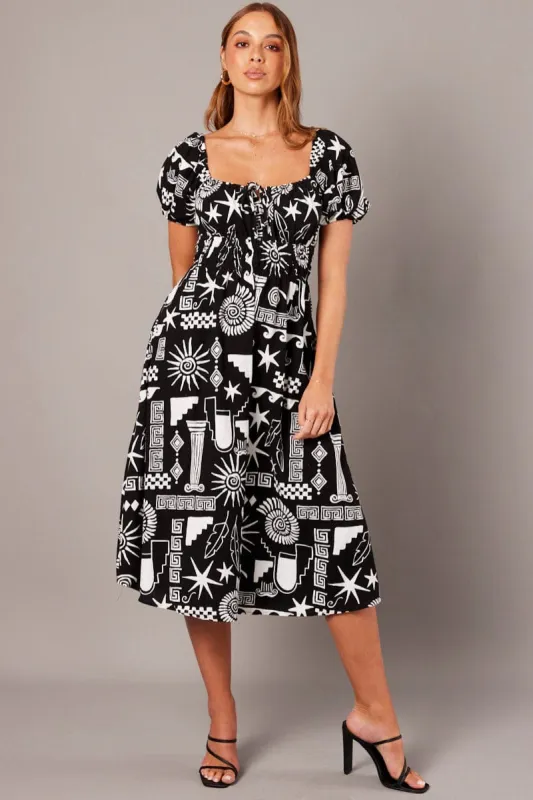 Black Abstract Midi Dress Short Sleeve Ruched Bust sold by Ally Fashion