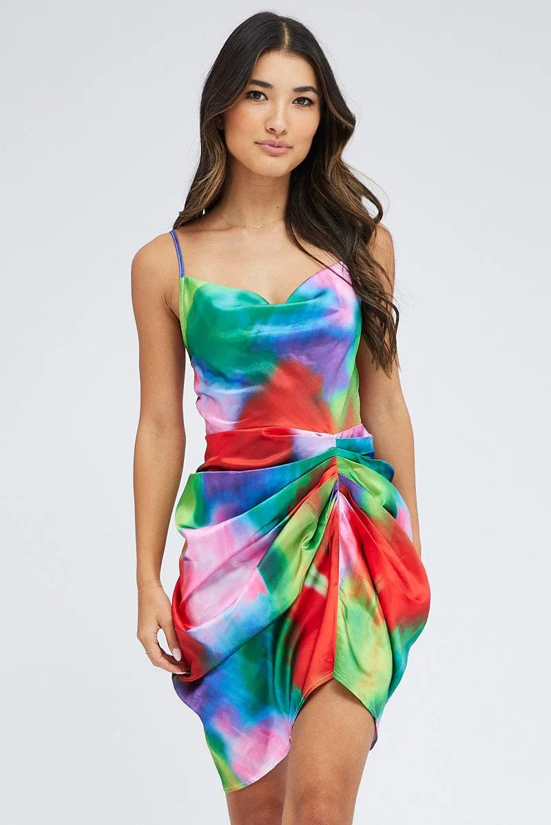 Multi Print Mini Dress Ruched Ombre Cowl Neck Satin sold by Ally Fashion product image thumbnail 3