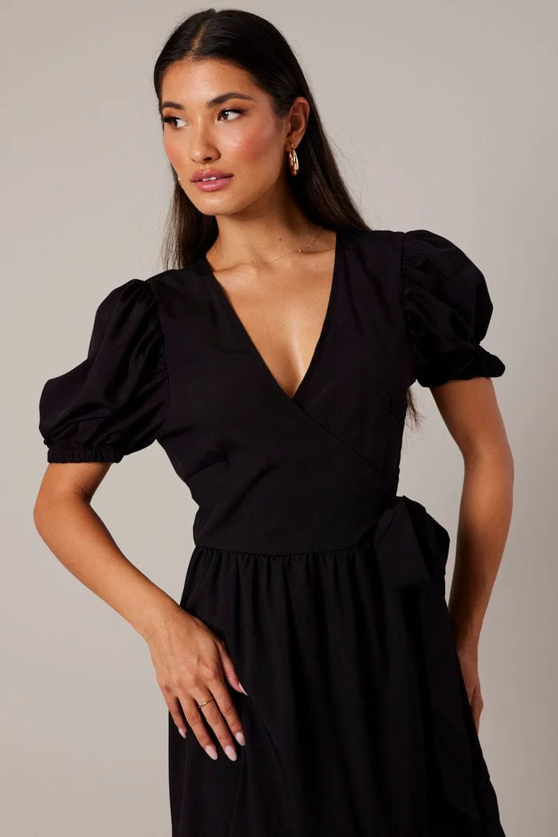 Black Puff Sleeve Maxi Dress Wrap Tiered Dress sold by Ally Fashion product image thumbnail 3