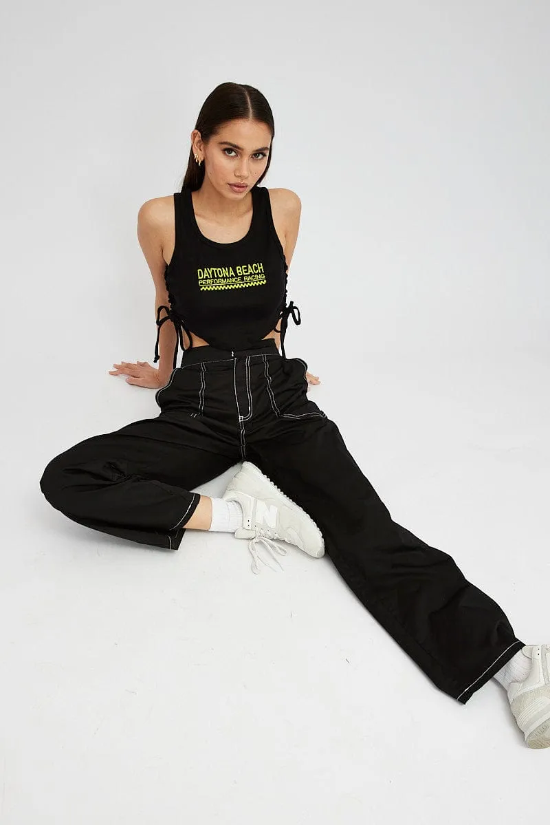 Black Cargo Pants Mid Rise Contrast Stitch sold by Ally Fashion