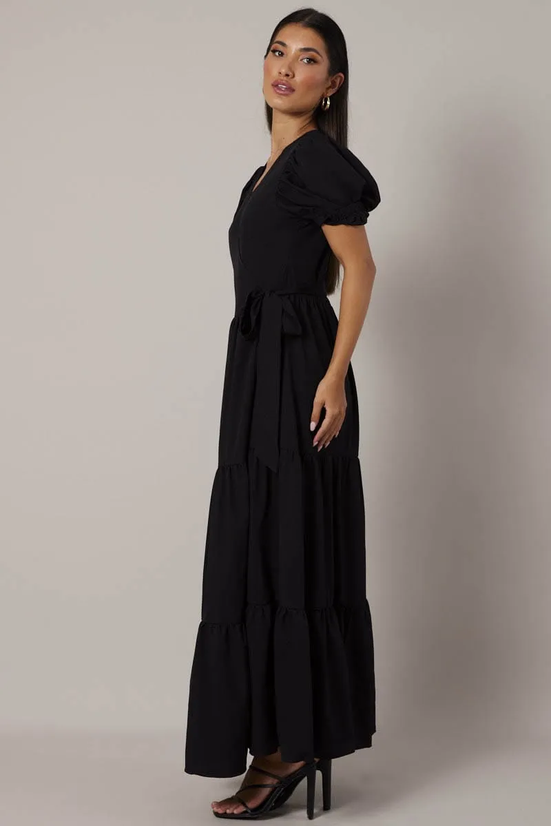 Black Puff Sleeve Maxi Dress Wrap Tiered Dress sold by Ally Fashion product image thumbnail 4