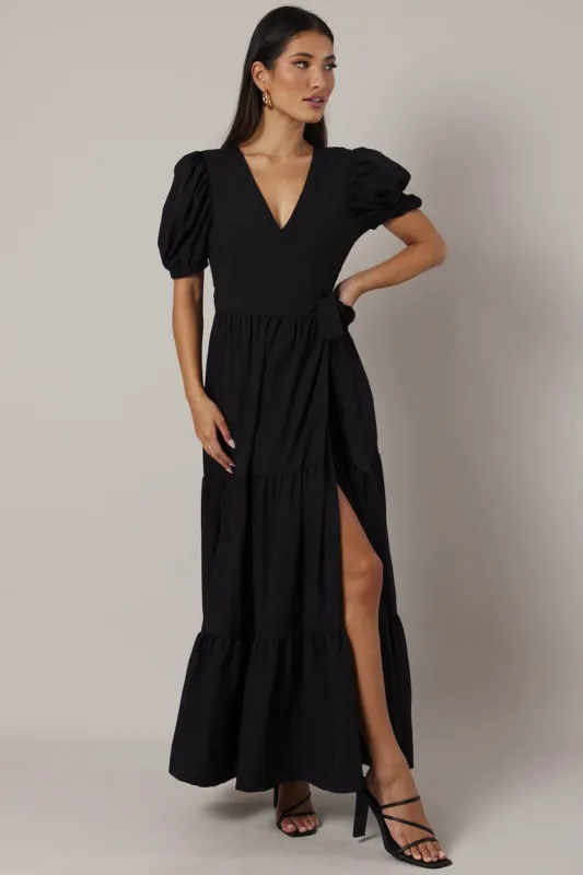 Black Puff Sleeve Maxi Dress Wrap Tiered Dress sold by Ally Fashion