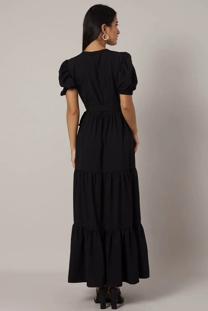 Black Puff Sleeve Maxi Dress Wrap Tiered Dress sold by Ally Fashion product image thumbnail 5