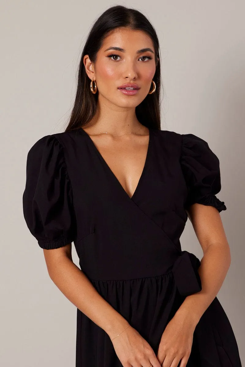 Black Puff Sleeve Maxi Dress Wrap Tiered Dress sold by Ally Fashion product image thumbnail 2
