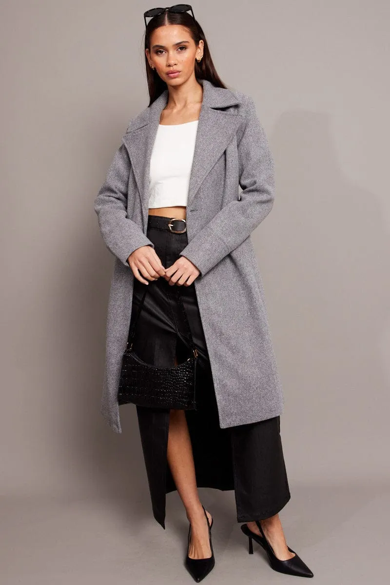Grey Tie Front Coat Knee Length sold by Ally Fashion
